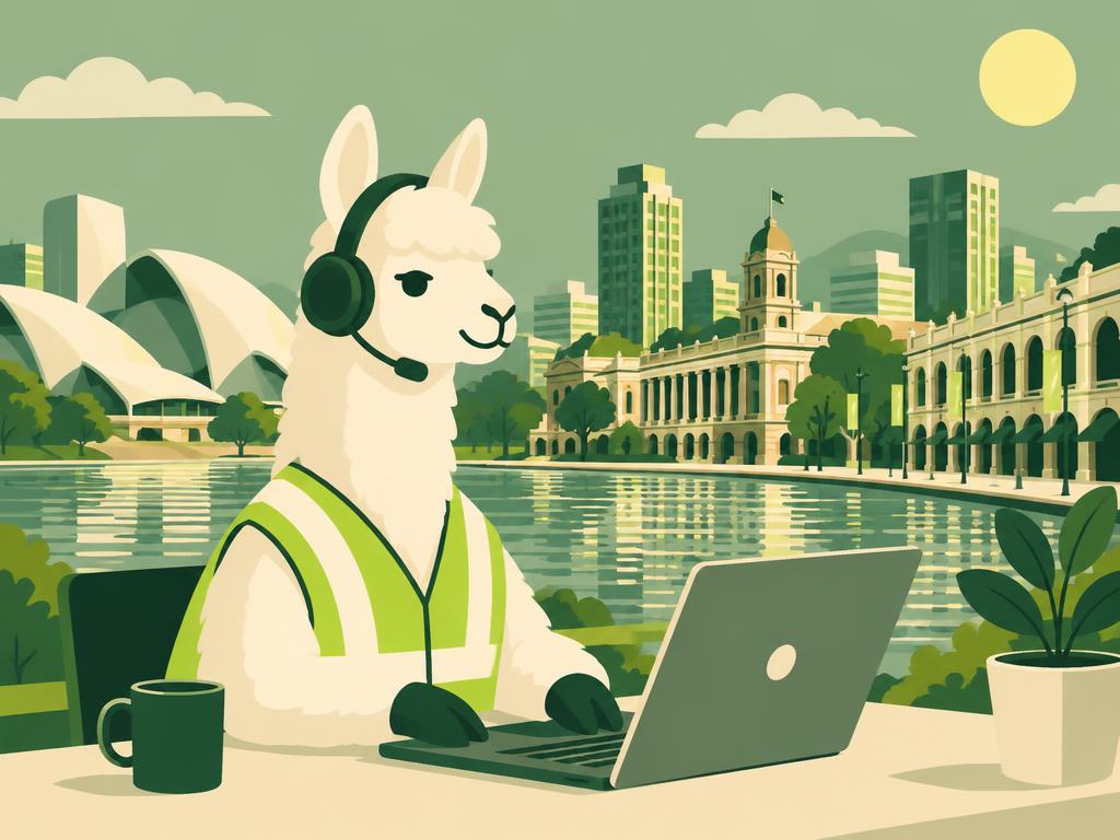 Llama in a hi-vis vest and headset working on a laptop in front of the Adelaide Festival Centre and the River Torrens
