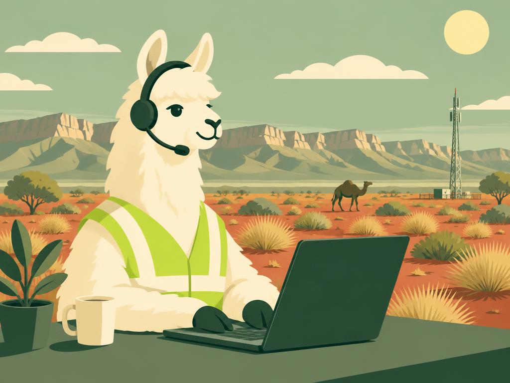 Llama in a hi-vis vest and headset working on a laptop in front of the MacDonnell Ranges near Alice Springs