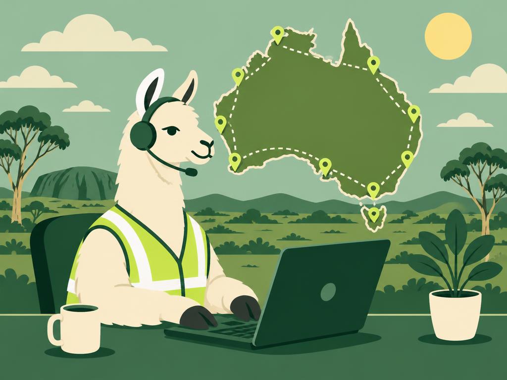 Llama in a hi-vis vest and headset working on a laptop in front of a map of Australia dotted with location pins