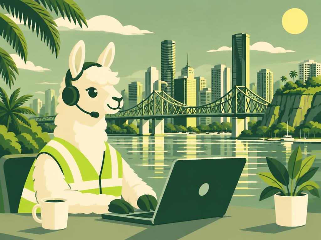 Llama in a hi-vis vest and headset working on a laptop in front of the Story Bridge and the Brisbane River
