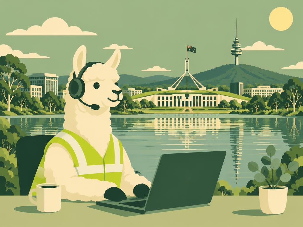 Llama in a hi-vis vest and headset working on a laptop in front of Parliament House and Lake Burley Griffin