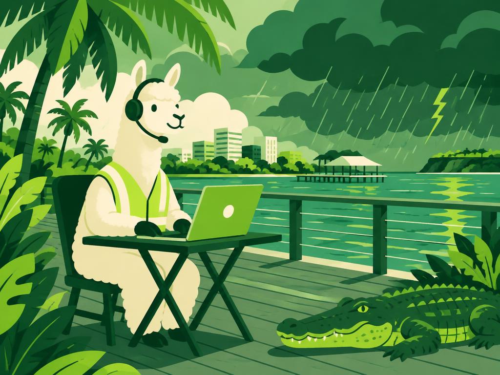 Llama in a hi-vis vest and headset working on a laptop in tropical Darwin