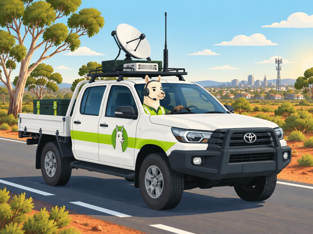 Llama in a hi-vis vest and headset driving a white Toyota Hilux ute loaded with networking gear along an Australian road