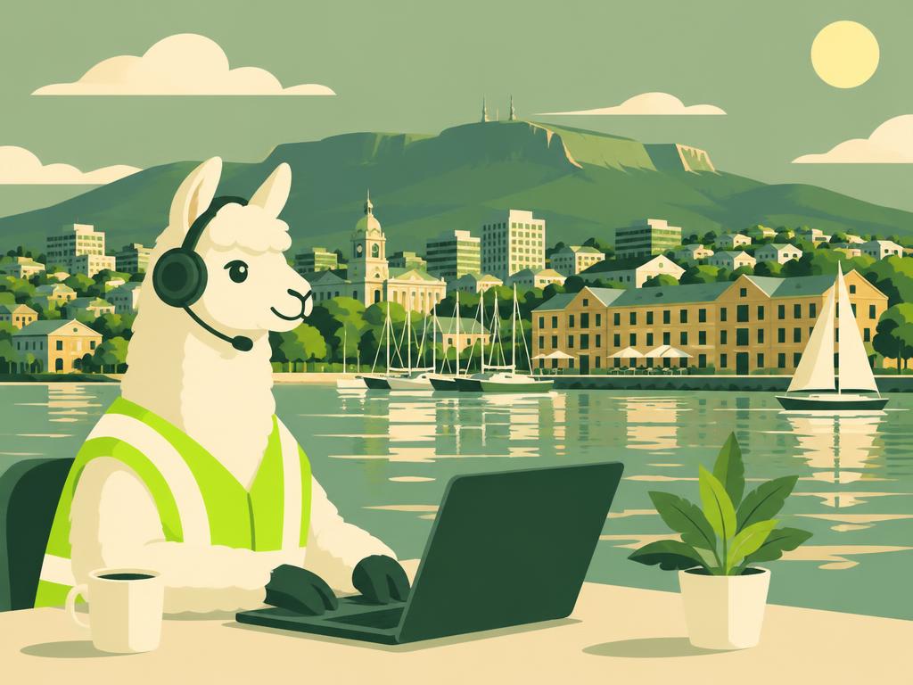 Llama in a hi-vis vest and headset working on a laptop in front of Mount Wellington and the Salamanca waterfront