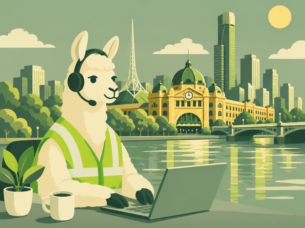 Llama in a hi-vis vest and headset working on a laptop in front of Flinders Street Station and the Yarra River