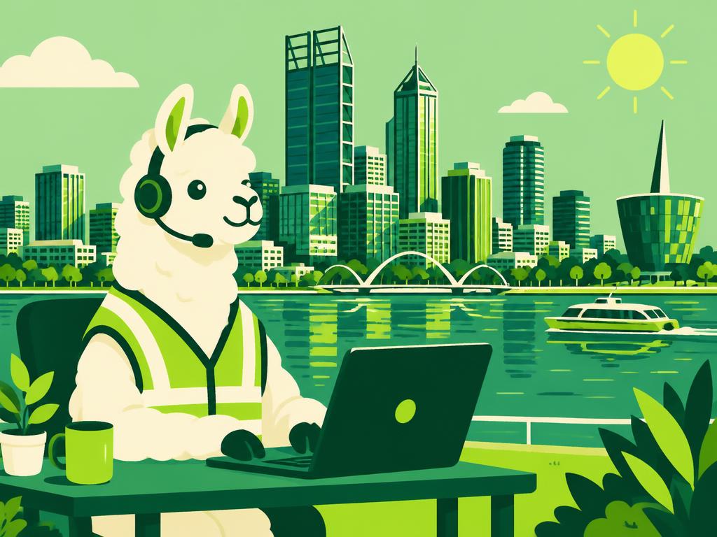 Llama in a hi-vis vest and headset working on a laptop in front of the Perth skyline