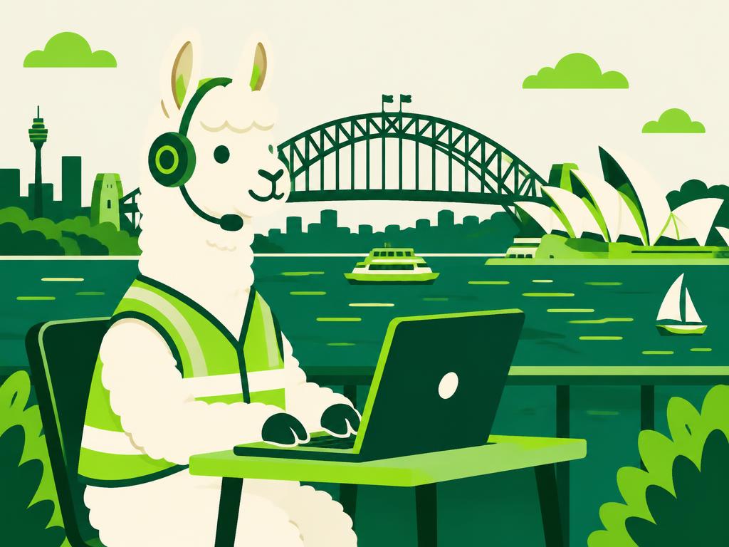 Llama in a hi-vis vest and headset working on a laptop in front of Sydney Harbour